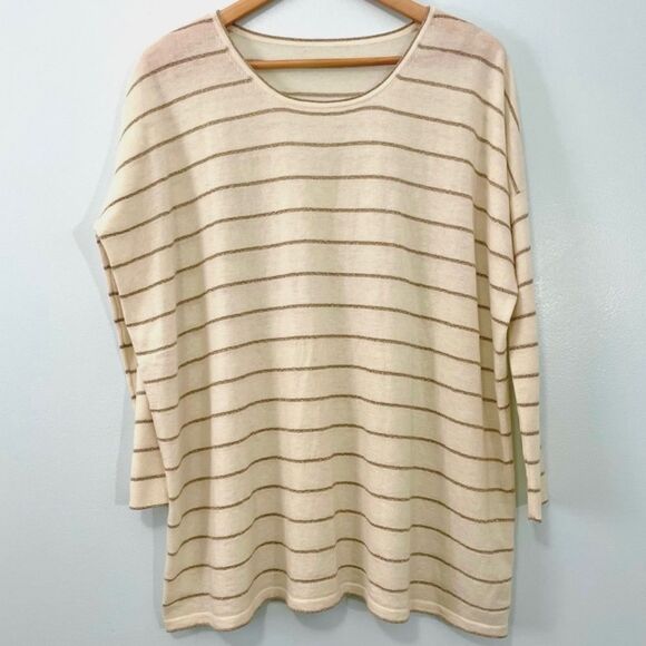 J. Jill Cream Gold Striped Soft Knit Wool Scoop Neck Oversized Sweater Medium - Picture 1 of 5